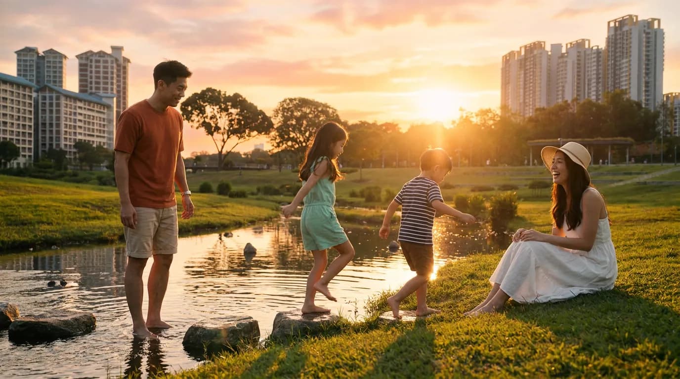 Family playing by the stream at sunset in Bishan-Ang Mo Kio Park