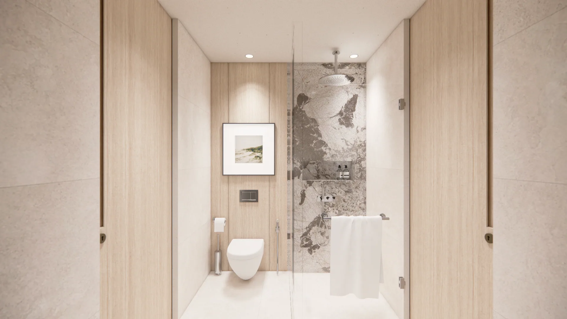 Rain shower bathroom with stone feature wall