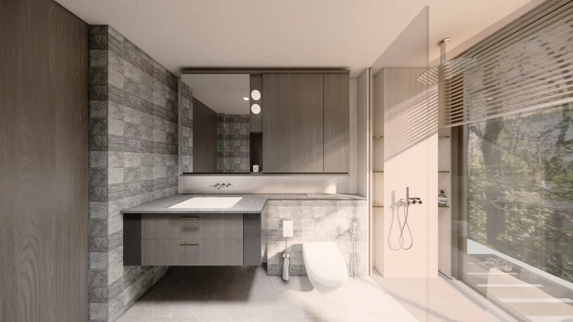 Master Bathroom 1 with stone mosaic walls and walk-in rain shower